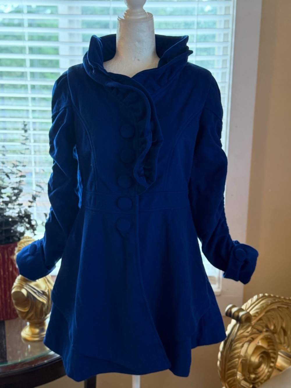 Royal Blue Ruffle Front Coat